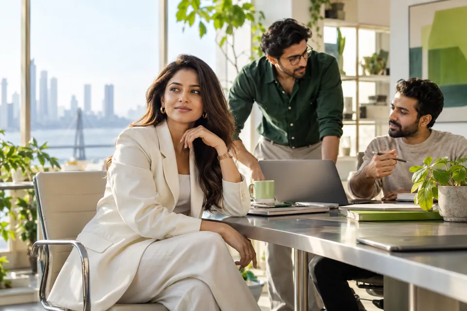 Illustrative scene of Indian professionals in a bright, contemporary office