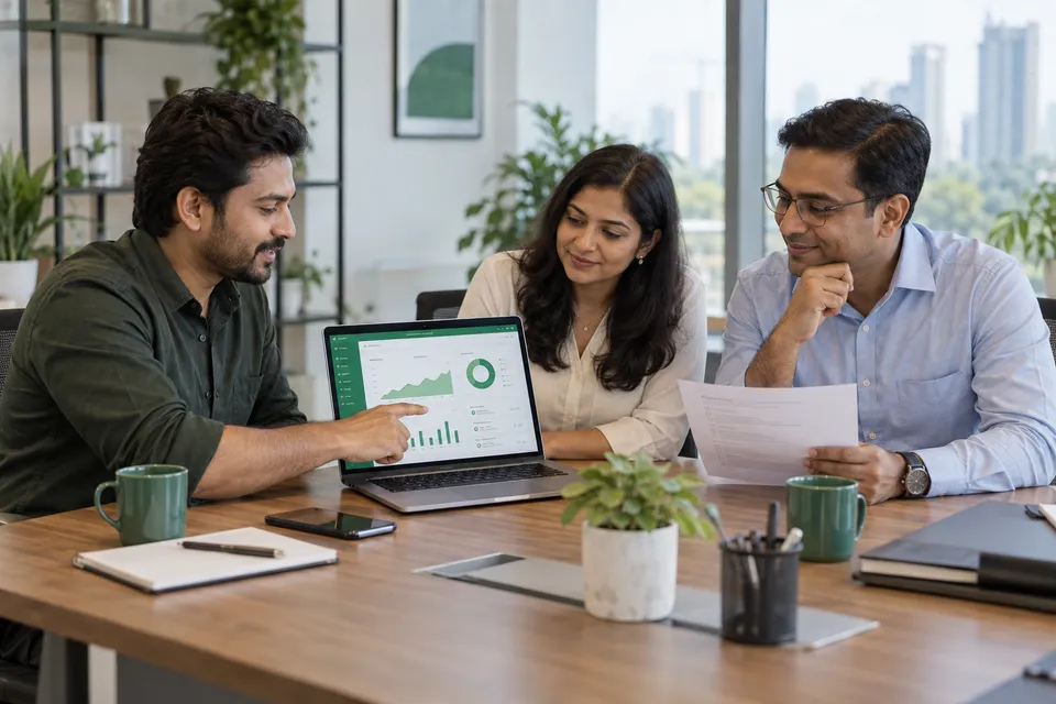 Illustrative delivery review: an Indian team reviewing a completed digital dashboard
