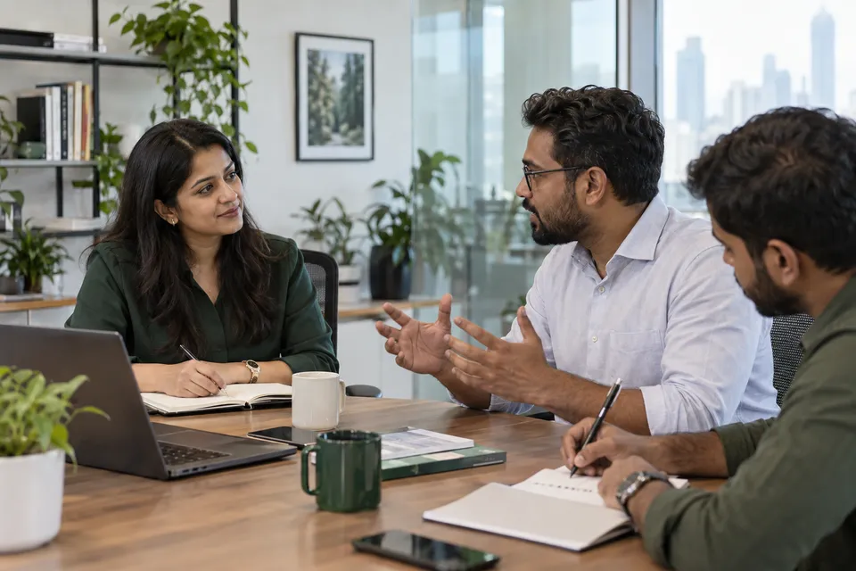 Illustrative discovery meeting: an Indian consultant listening to a business founder