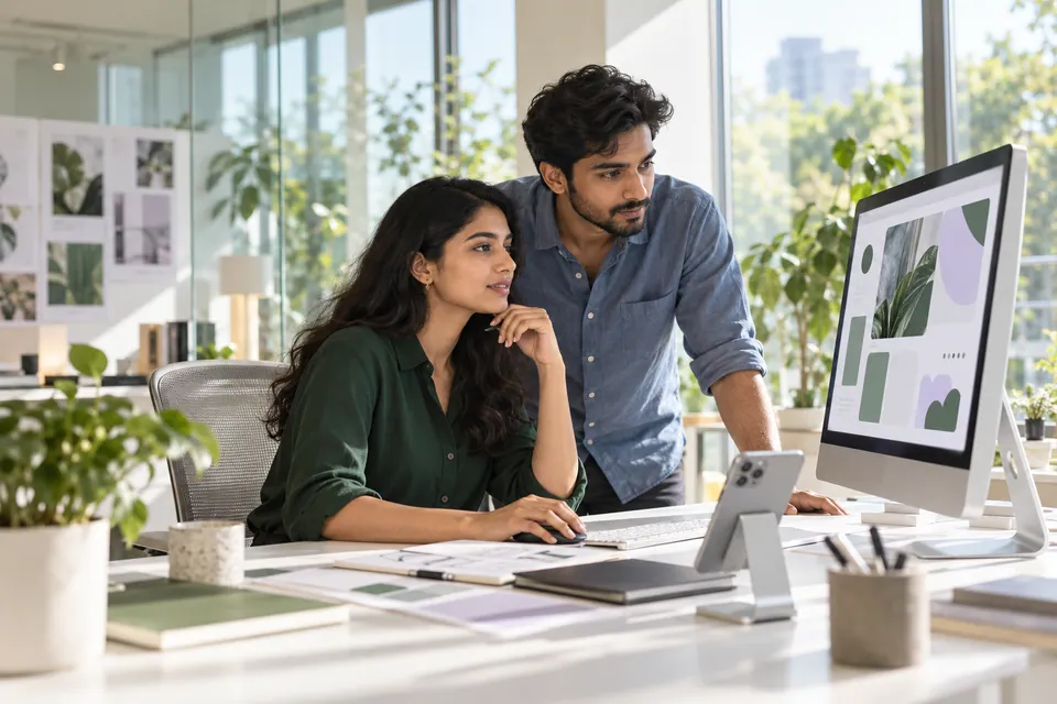 Illustrative scene of Indian designers developing a digital product