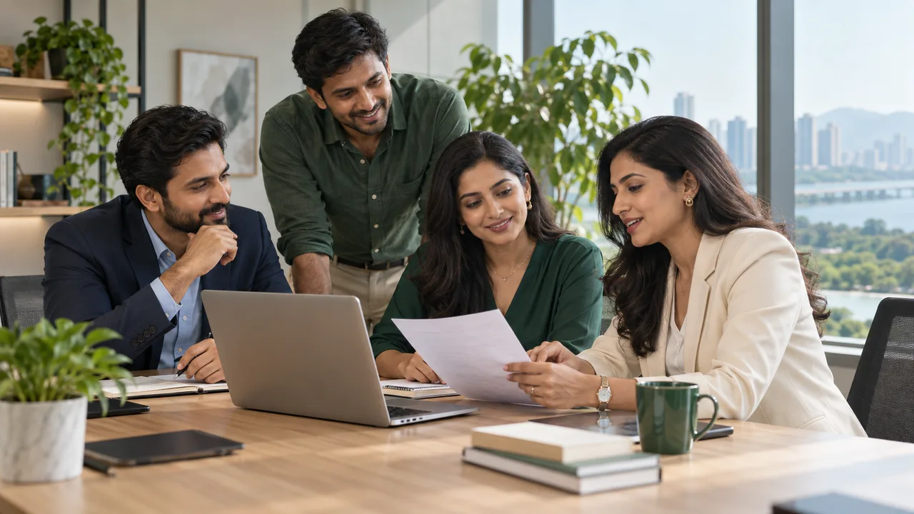 Indian professionals discussing recruitment in a contemporary office; illustrative image