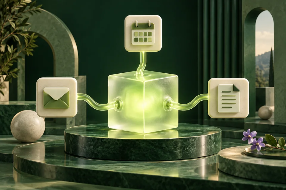 Glowing cube connecting email, calendar and document tiles to illustrate business automation
