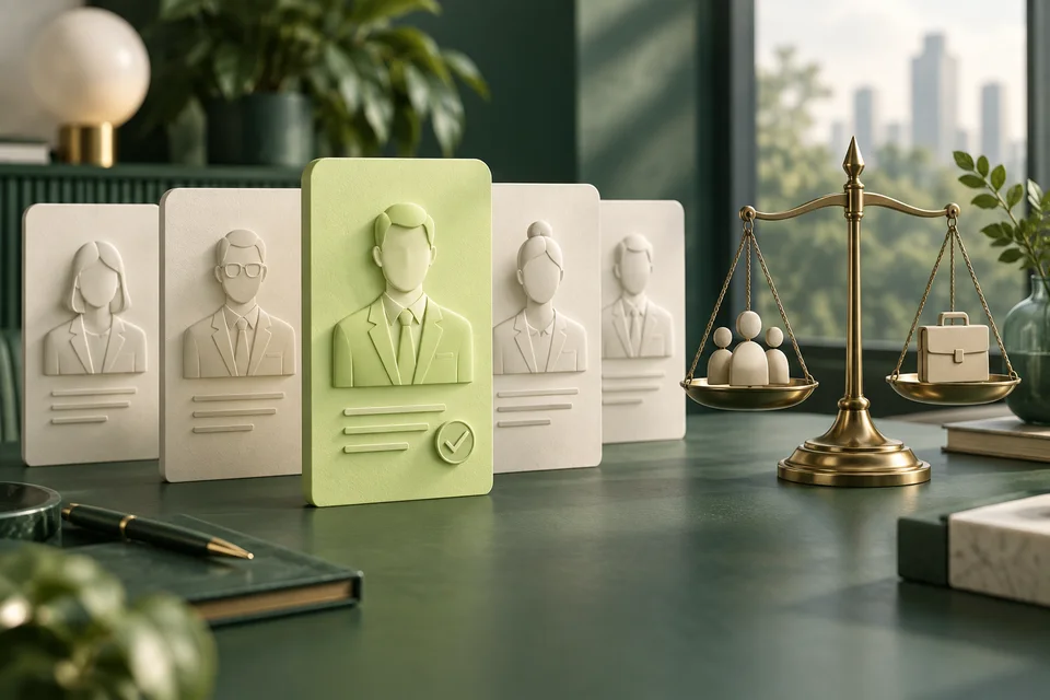 Candidate profile cards beside a balance scale representing hiring value and recruitment costs