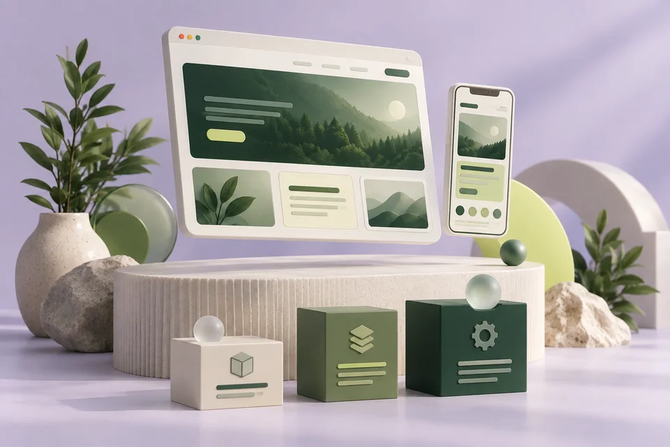 Desktop and mobile website mockups above modular blocks representing project scope